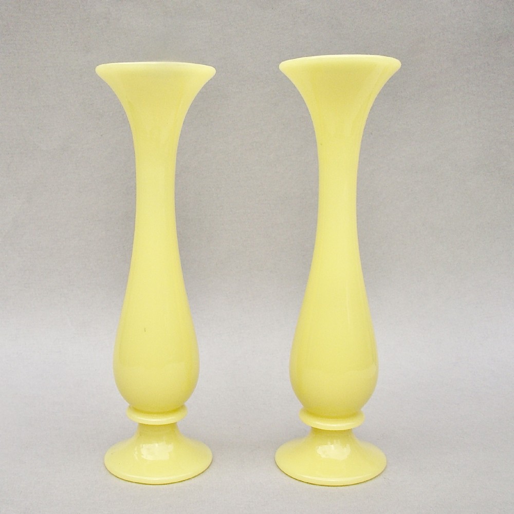 RARE PAIR OF FRENCH PORTIEUX VALLERYSTHAL VASELINE YELLOW OPALINE GLASS SPECIMEN VASES 

