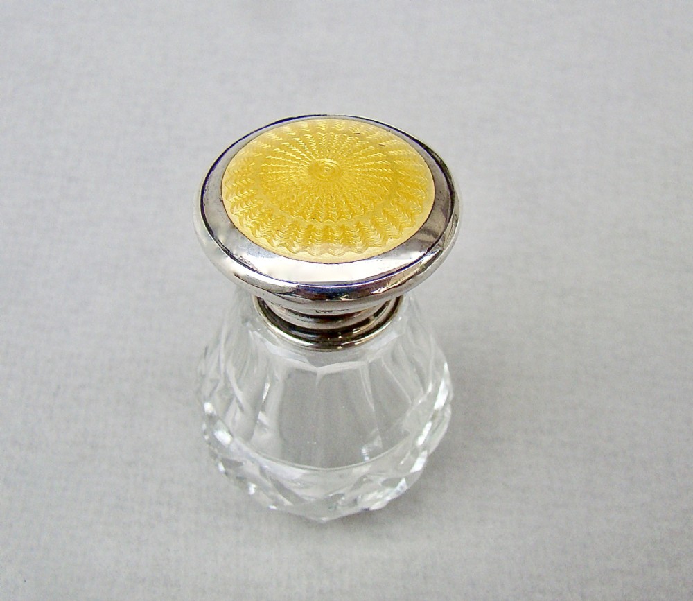SMALL ART DECO SILVER & GUILLOCHE ENAMEL SCENT BOTTLE BY KIMBERLEY & HEWITT LTD, BIRMINGHAM 1927