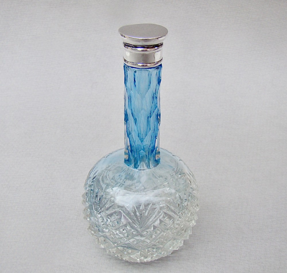 RARE VICTORIAN SILVER MOUNTED GRADUATED TURQUOISE CUT GLASS SCENT BOTTLE, CIRCA 1890

