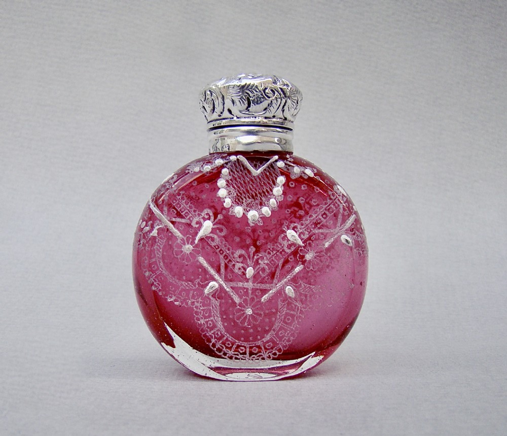 VICTORIAN SILVER MOUNTED MOSER GLASS SCENT BOTTLE BY THE MOUSLEY BROTHERS, BIRMINGHAM 1896