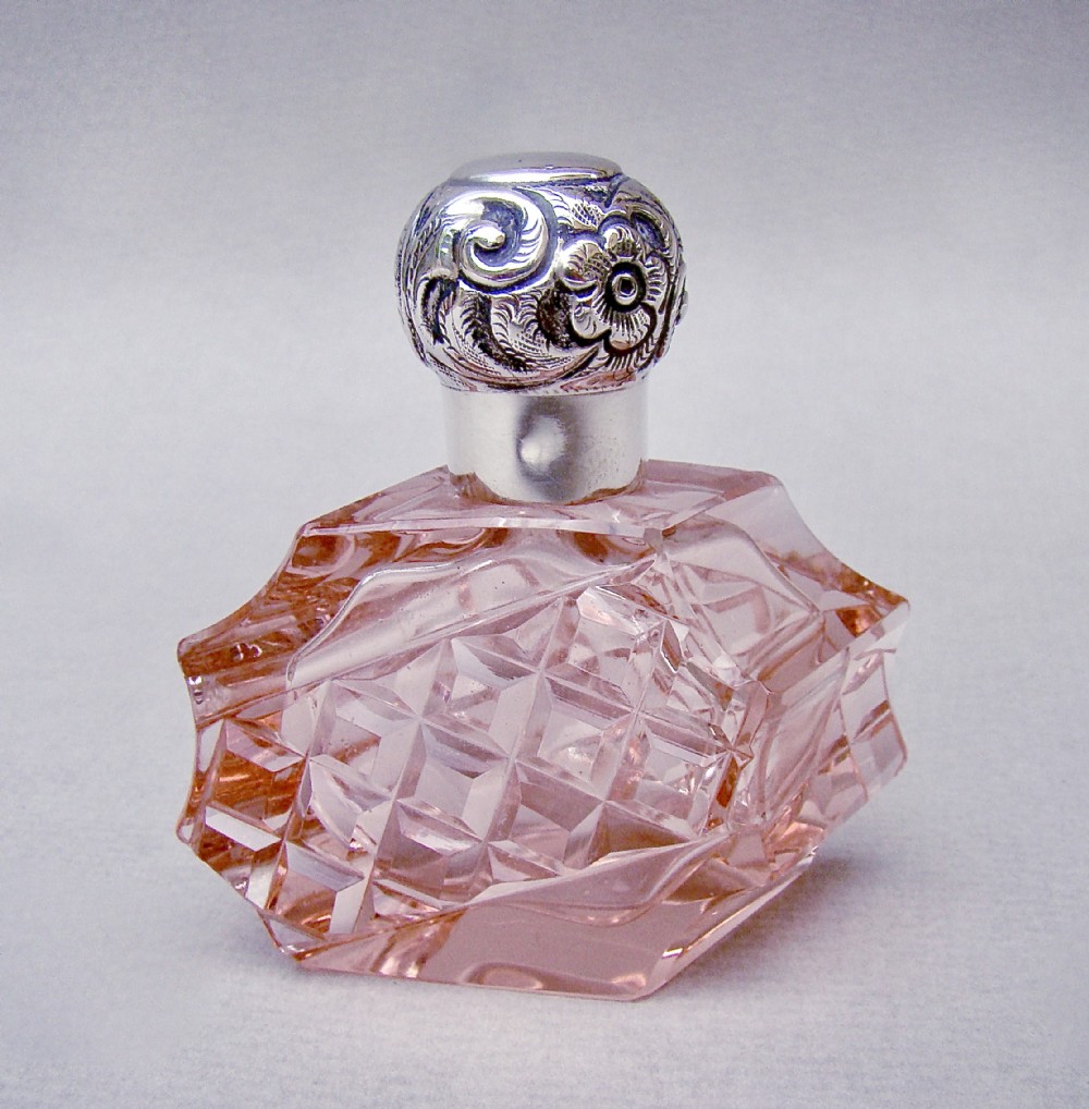 RARE VICTORIAN SILVER & PEACH SLICED-CUT GLASS SCENT BOTTLE BY CHARLES MAY BIRMINGHAM 1898