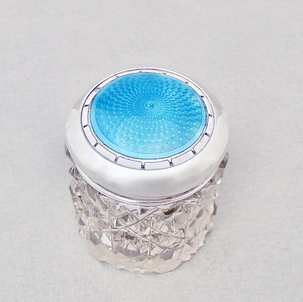 EDWARDIAN SILVER & DUAL COLOUR GUILLOCHE ENAMEL ROUGE POT BY LEVI & SALAMAN, BIRMINGHAM 1910