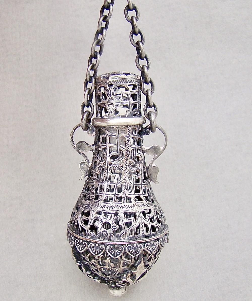 RARE VICTORIAN SILVER CASED GLASS CHATELAINE SCENT BOTTLE, CIRCA 1880