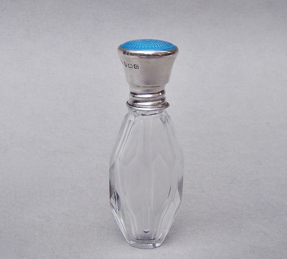 ART DECO SILVER & GUILLOCHE ENAMEL SCENT BOTTLE BY ALEXANDER CLARK, BIRMINGHAM 1927