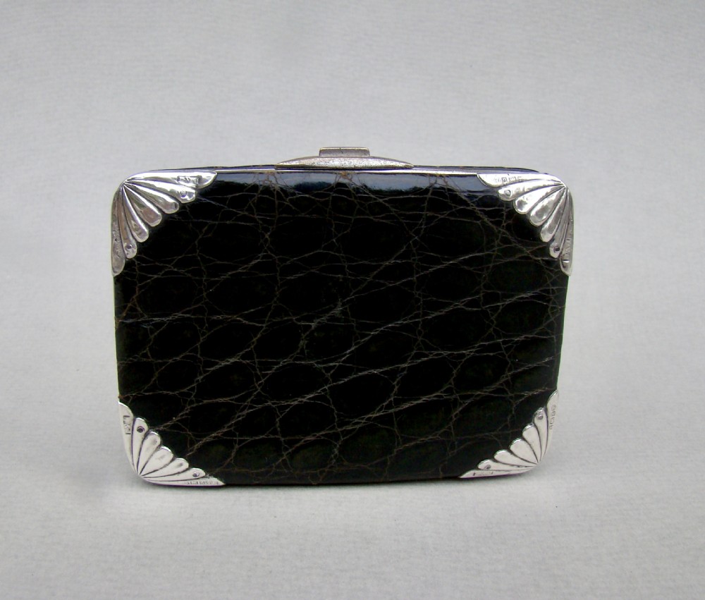 EDWARDIAN SILVER & CROCODILE SKIN CARD CASE / WALLET BY DANZIGER & ISAACS, BIRMINGHAM 1903