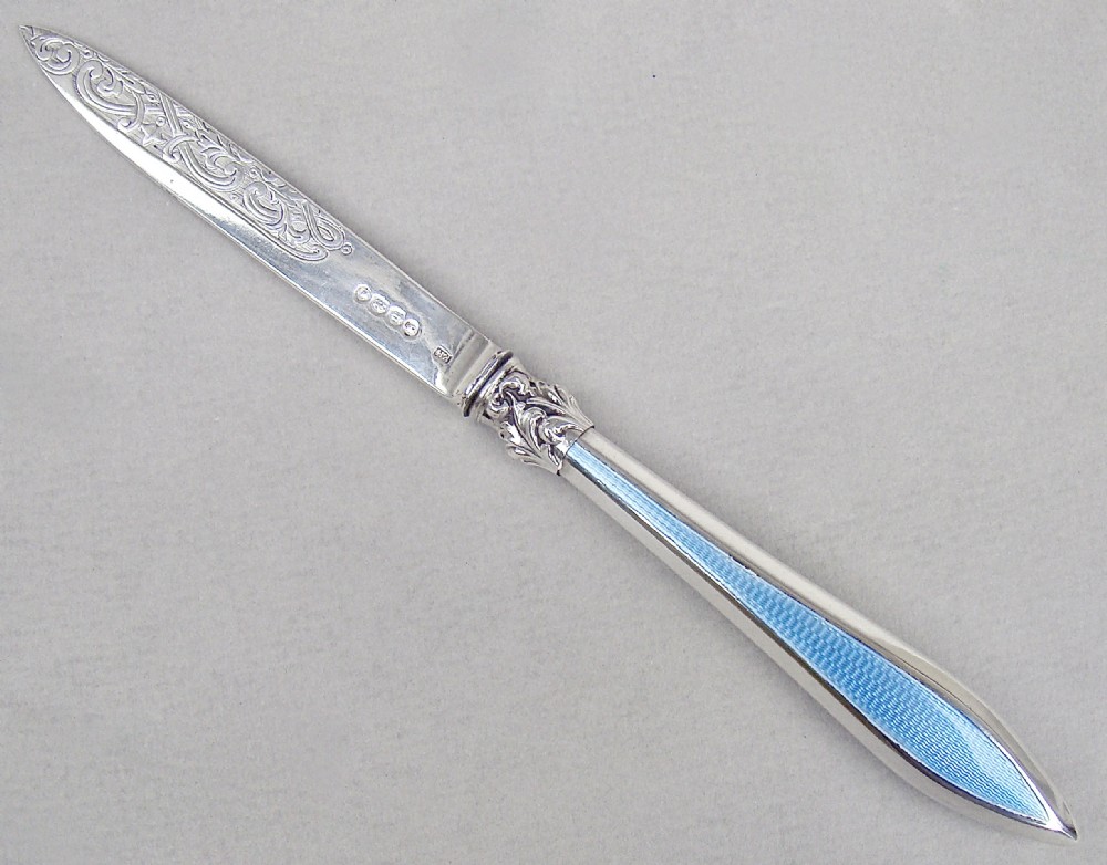 STUNNING SILVER AND GUILLOCHE ENAMEL LETTER OPENER BY FRANCIS HIGGINSII, LONDON 1862