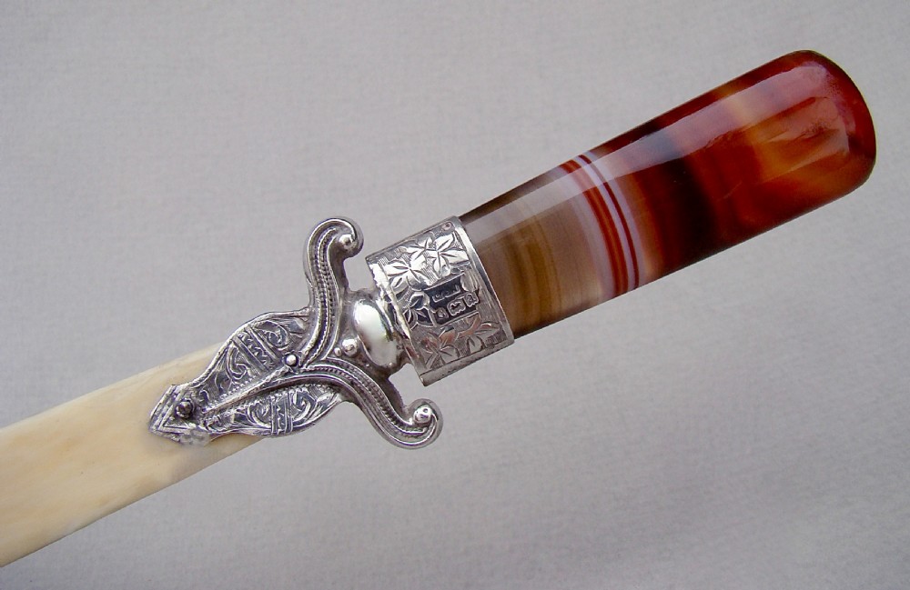 DELIGHTFUL VICTORIAN SILVER AND AGATE LETTER OPENER BY CRISFORD AND NORRIS, BIRMINGHAM 1900 View IV