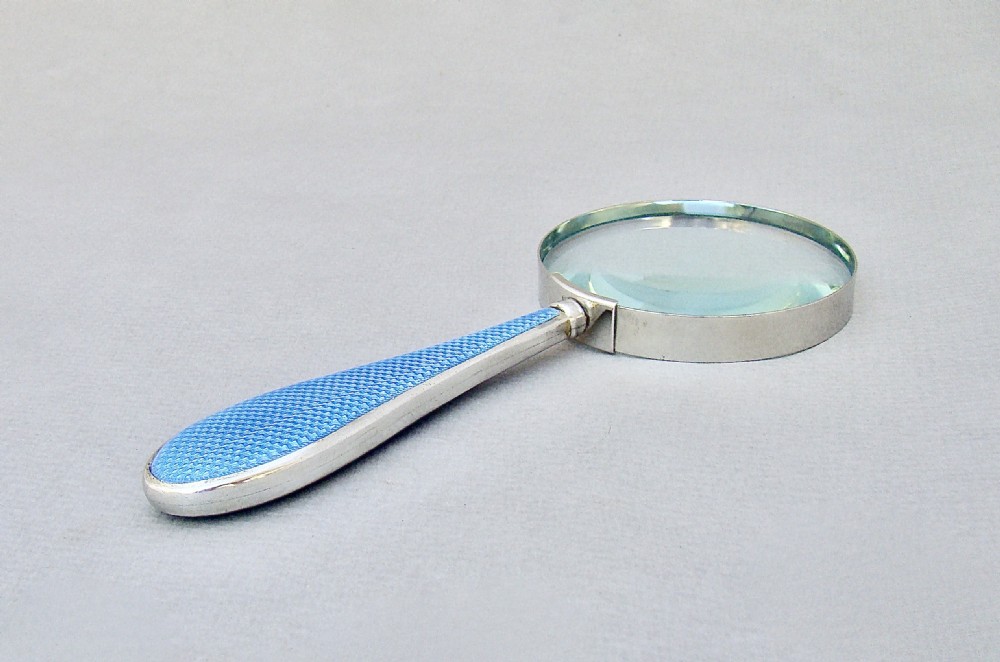 STUNNING ART DECO SILVER & GUILLOCHE ENAMEL LARGE DESK MAGNIFYING GLASS, LONDON CIRCA 1930 View III