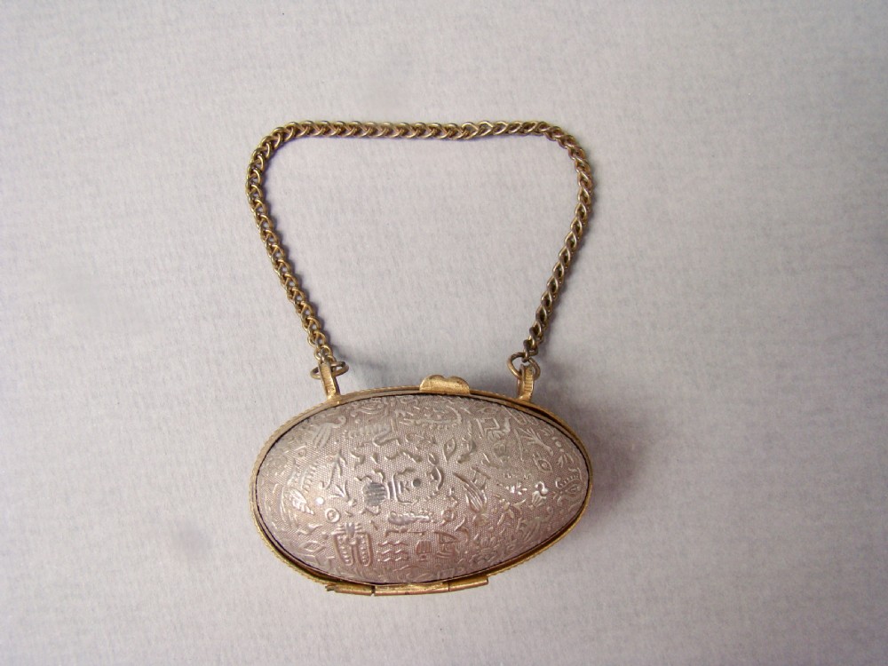 EXQUISITE SOLID SILVER THIMBLE IN ORMULU CHATELAINE EGG-SHAPED HOLDER View III