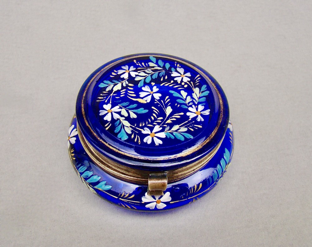 19TH CENTURY FRENCH ENAMELLED BRISTOL BLUE GLASS TRINKET BOX, CIRCA 1890