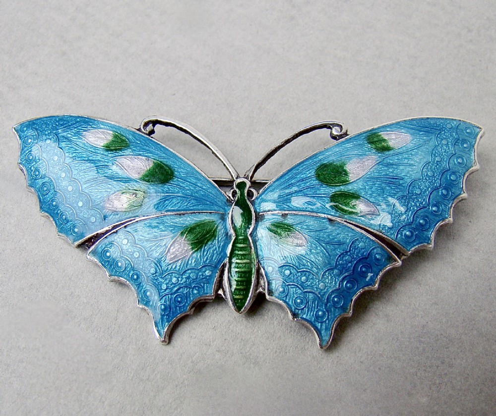 FABULOUS SCANDINAVIAN STERLING SILVER & GUILLOCHE ENAMEL BUTTERFLY BROOCH, CIRCA 1930