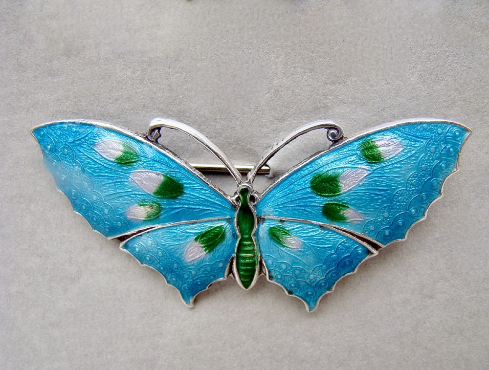 FABULOUS SCANDINAVIAN STERLING SILVER & GUILLOCHE ENAMEL BUTTERFLY BROOCH, CIRCA 1930 View VIII