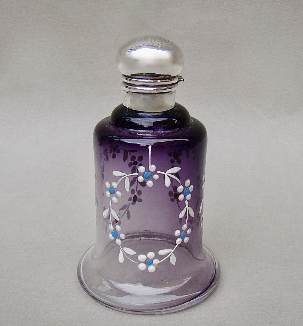 SILVER MOUNTED AMETHYST ENAMELLED GLASS SCENT BOTTLE BY LEVI & SALAMAN, BIRMINGHAM 1914
