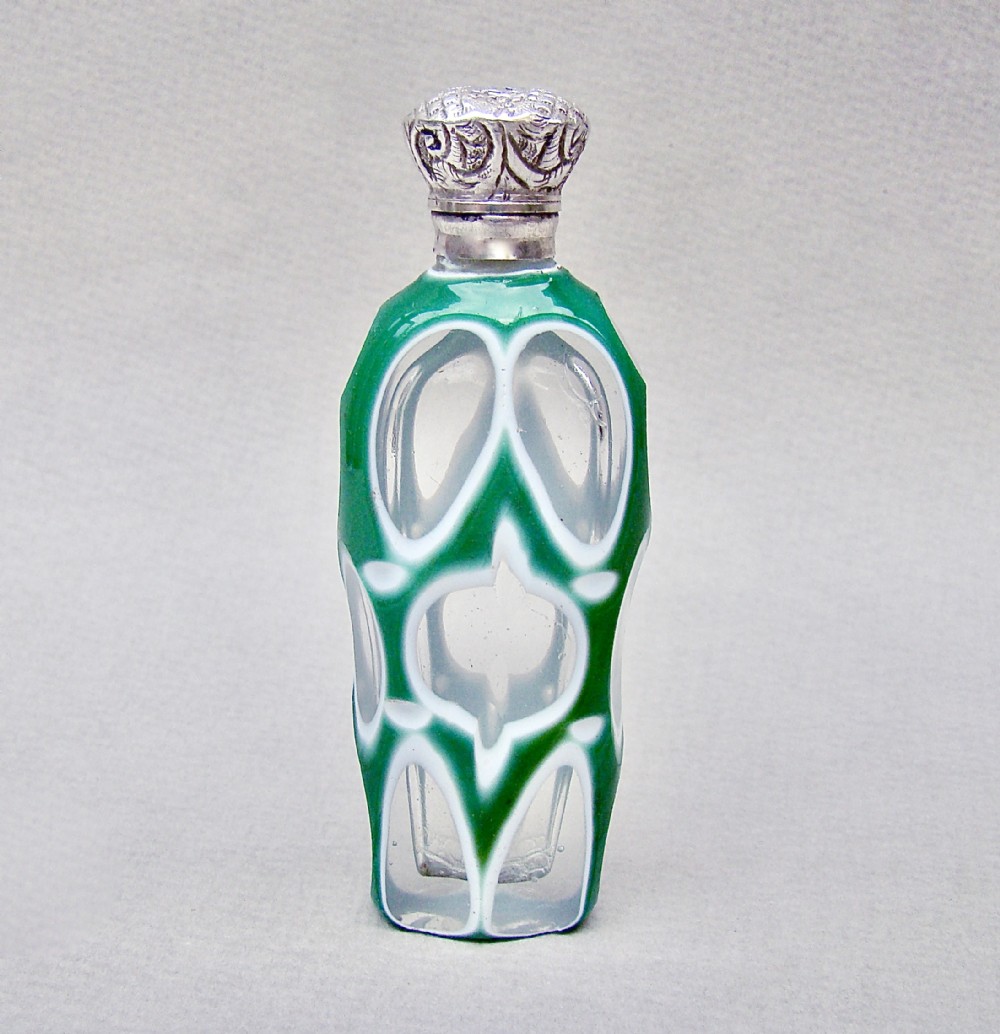 RARE 19TH C. SILVER & BOHEMIAN TRIPLE CASED GLASS SCENT BOTTLE, CIRCA 1880