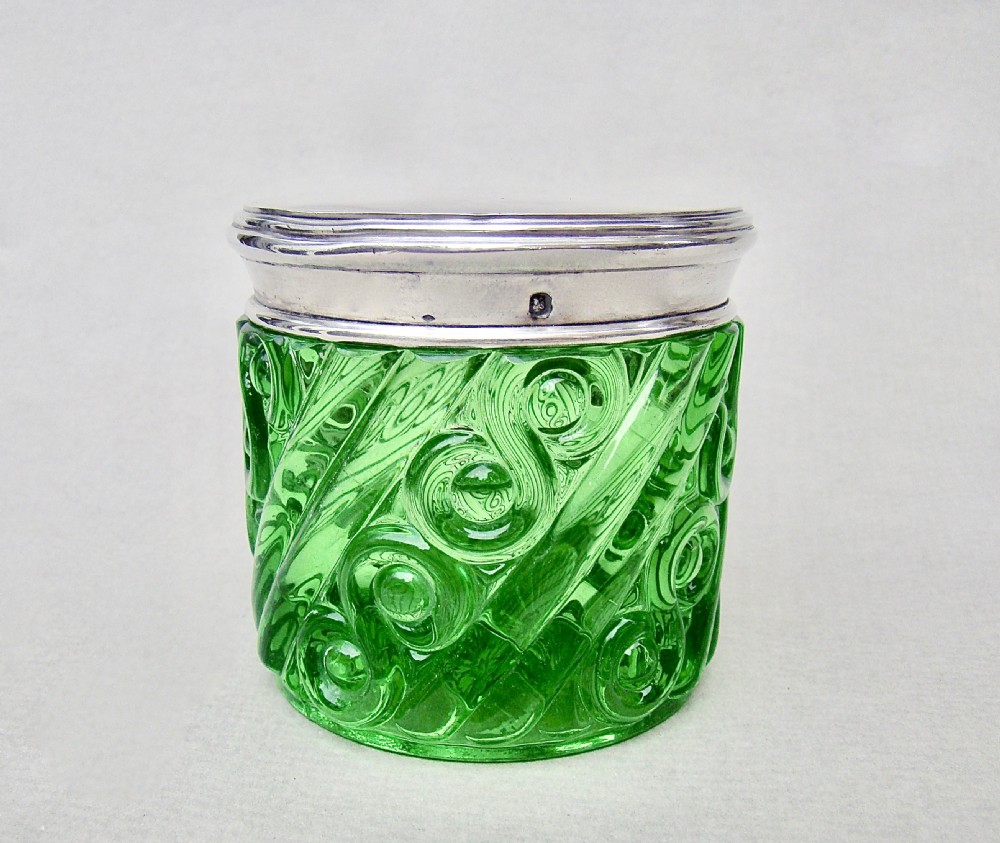 RARE FRENCH SILVER LIDDED PORTIEUX VALLERYSTHAL URANIUM GLASS JAR, CIRCA 1930