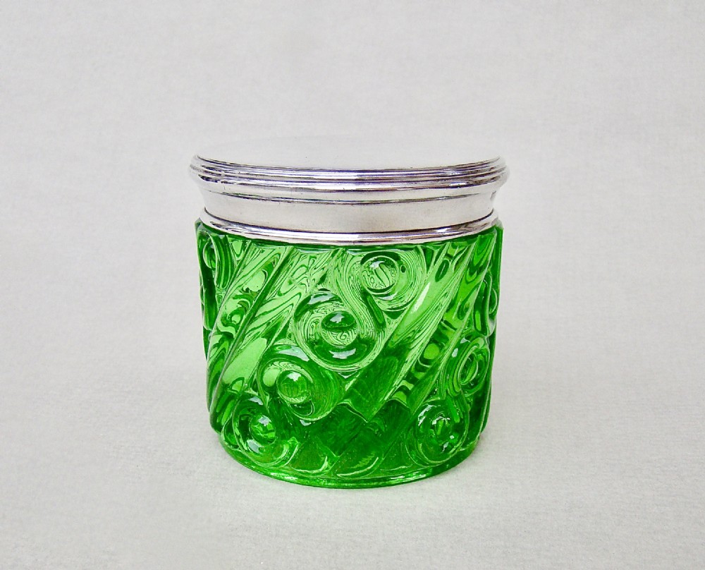 RARE FRENCH SILVER LIDDED PORTIEUX VALLERYSTHAL URANIUM GLASS JAR, CIRCA 1930 View II