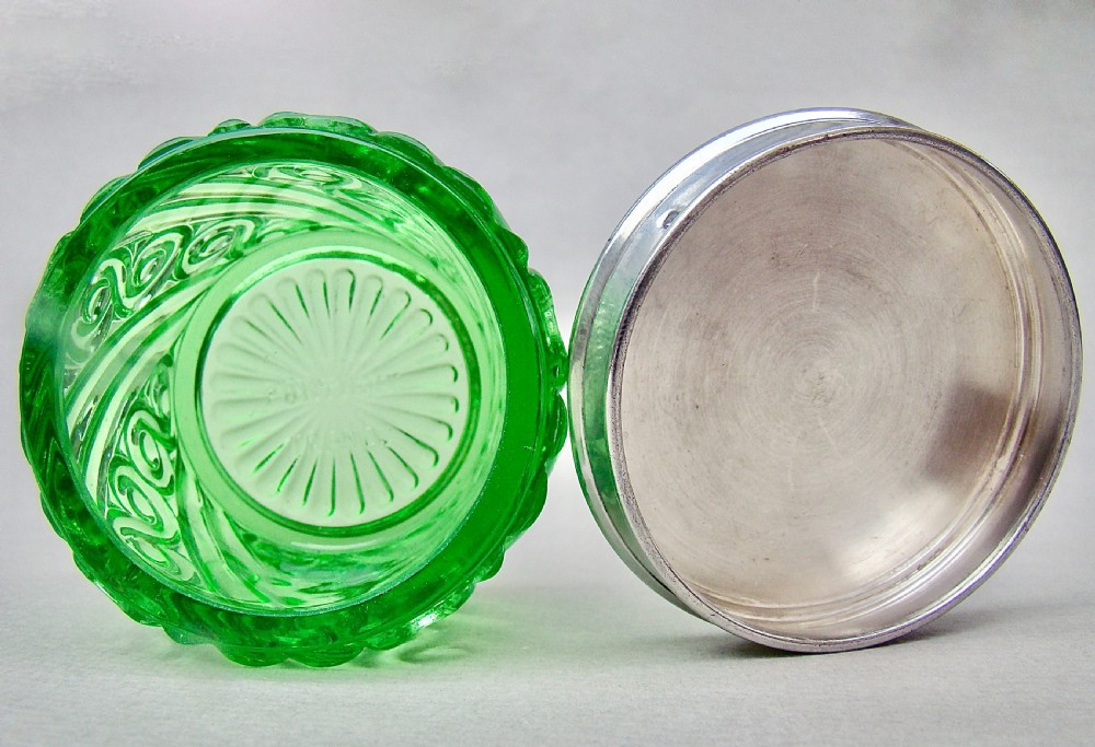 RARE FRENCH SILVER LIDDED PORTIEUX VALLERYSTHAL URANIUM GLASS JAR, CIRCA 1930 View IV