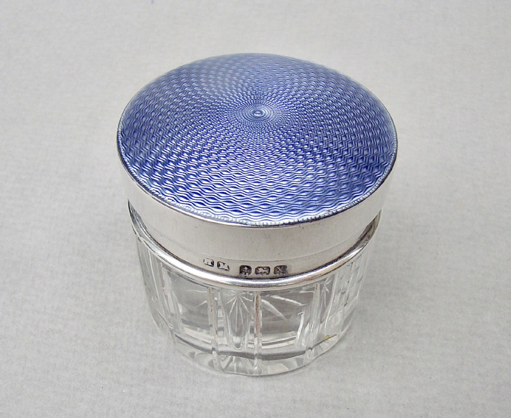 EXQUISITE SILVER & GUILLOCHE ENAMEL SMALL DRESSING TABLE JAR BY HENRY MATTHEWS, BIRMINGHAM 1922