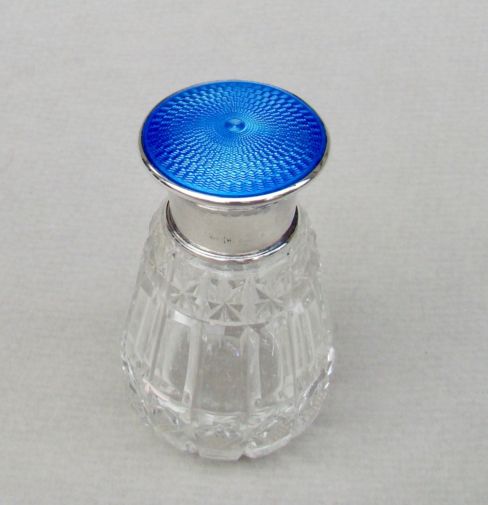 ART DECO SILVER & GUILLOCHE ENAMEL SCENT BOTTLE BY THE ADIE BROTHERS, BIRMINGHAM 1925
