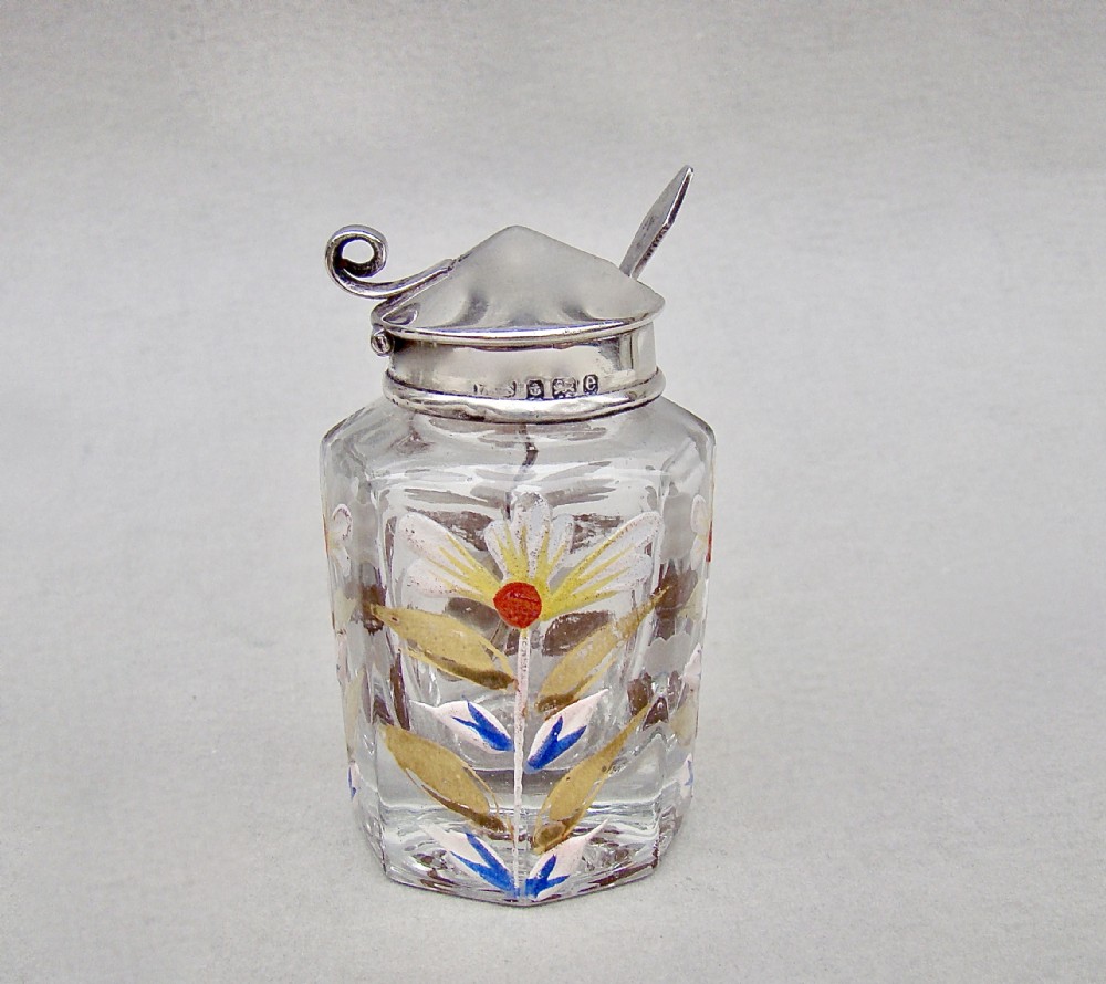 UNUSUAL EDWARDIAN SILVER MOUNTED ENAMELLED GLASS MUSTARD POT BY LEVI & SALAMAN, BIRMINGHAM 1905
