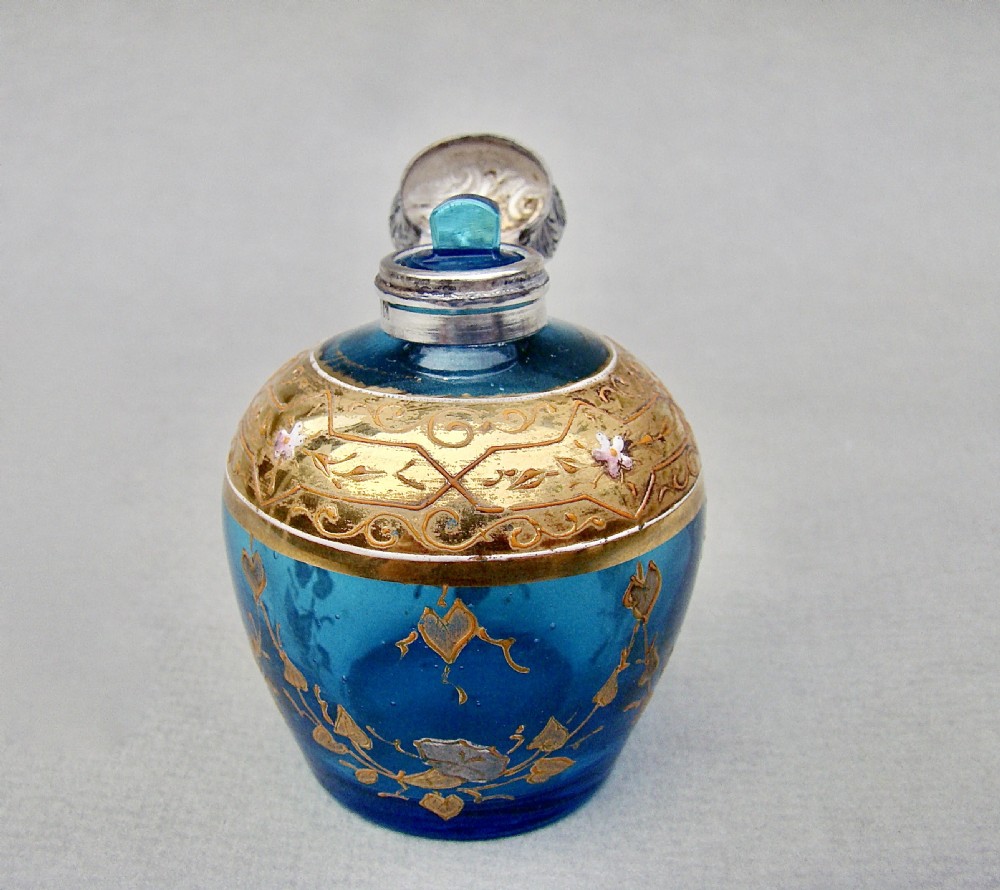 EXQUISITE EDWARDIAN SILVER MOUNTED TURQUOISE & GILT MOSER GLASS SCENT BOTTLE, BIRMINGHAM 1905 View V