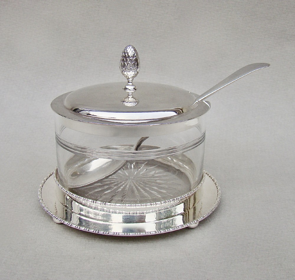 ELEGANT ART DECO SILVER MOUNTED PRESERVE JAR AND STAND BY STOKES & IRELAND, CHESTER 1921