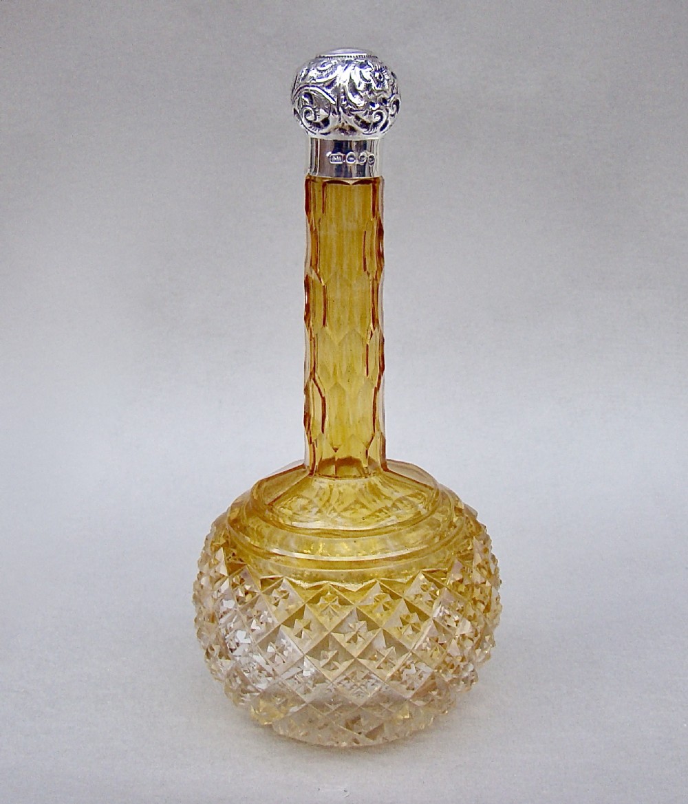 RARE VICTORIAN SILVER MOUNTED GRADUATED AMBER CUT GLASS SCENT BOTTLE BY CHARLES MAY, BIRMINGHAM 1898