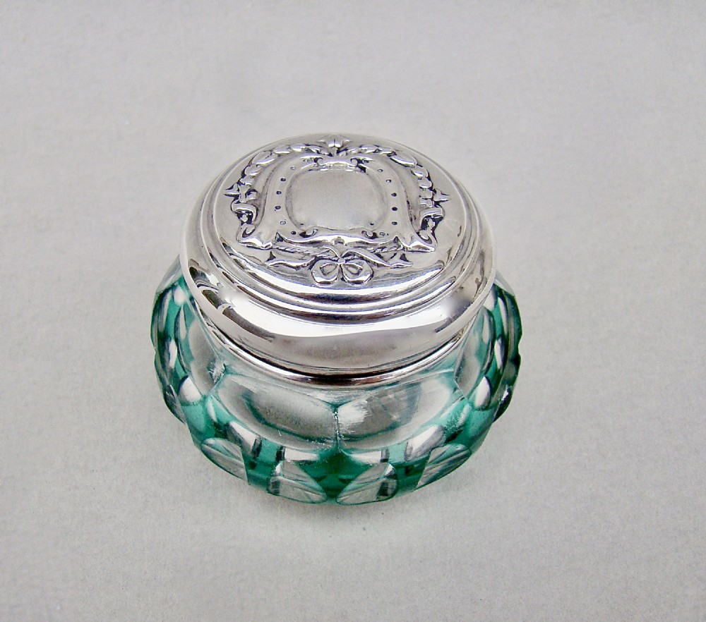 SILVER MOUNTED BOHEMIAN GLASS SMALL DRESSING TABLE JAR BY HENRY MATTHEWS, BIRMINGHAM 1913