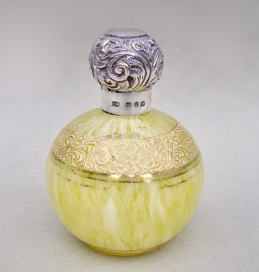 UNUSUAL VICTORIAN SILVER MOUNTED SPATTER GLASS SCENT BOTTLE BY CHARLES MAY, BIRMINGHAM 1897