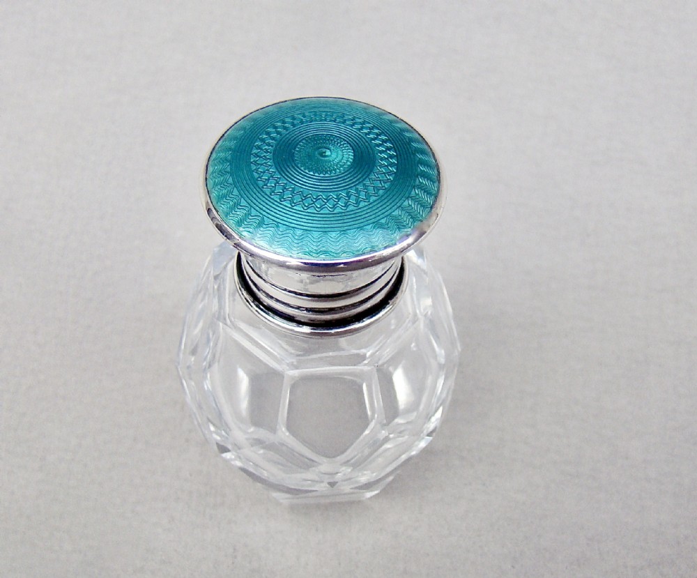 STUNNING ART DECO SILVER & GUILLOCHE ENAMEL SCENT BOTTLE BY GREENBERG & CO, BIRMINGHAM 1929
