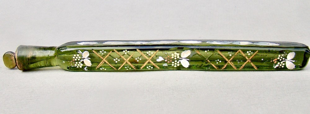 RARE OXFORD LAVENDER  GILT & ENAMELLED GREEN GLASS SCENT BOTTLE, CIRCA 1860