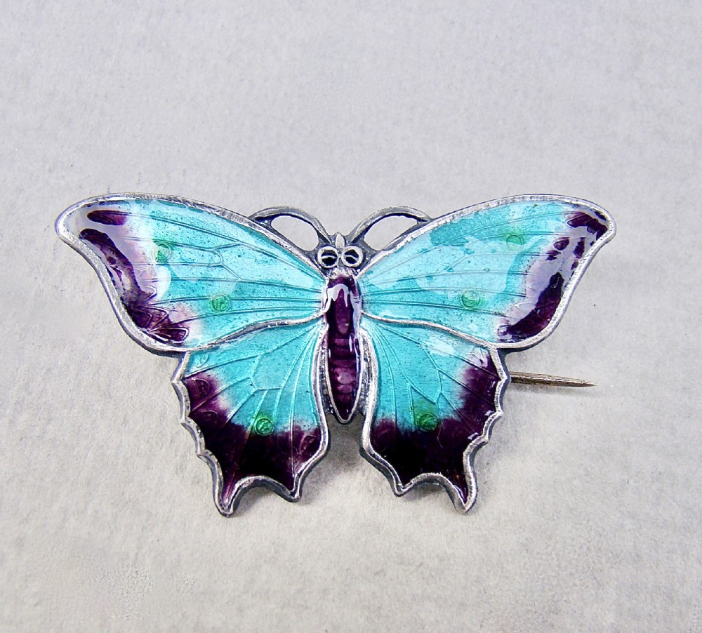 FABULOUS SCANDINAVIAN STERLING SILVER & GUILLOCHE ENAMEL BUTTERFLY BROOCH, CIRCA 1930
