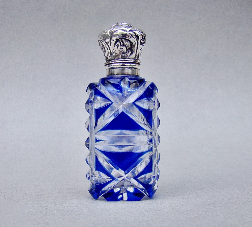 FABULOUS VICTORIAN SILVER AND BRISTOL BLUE OVERLAY BOHEMIAN GLASS SCENT BOTTLE , CIRCA 1890