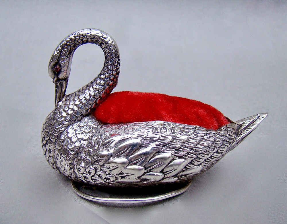 RARE EDWARDIAN SILVER SWAN PIN CUSHION BY ADIE & LOVEKIN, BIRMINGHAM 1908