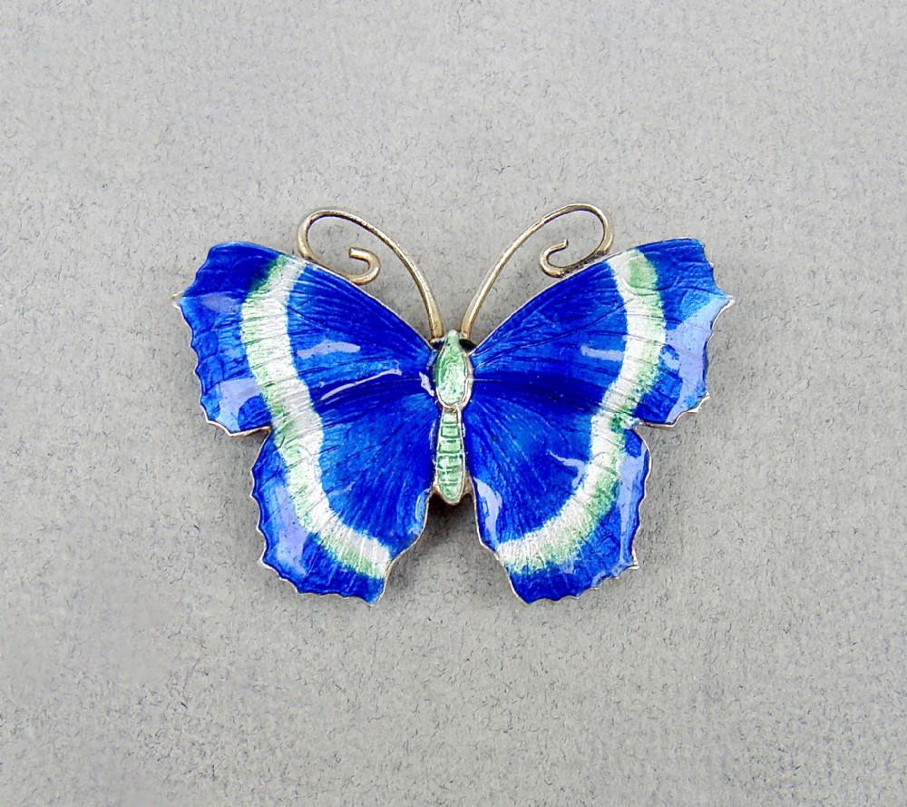 SUPERB SCANDINAVIAN STERLING SILVER & GUILLOCHE ENAMEL BUTTERFLY BROOCH, CIRCA 1930
