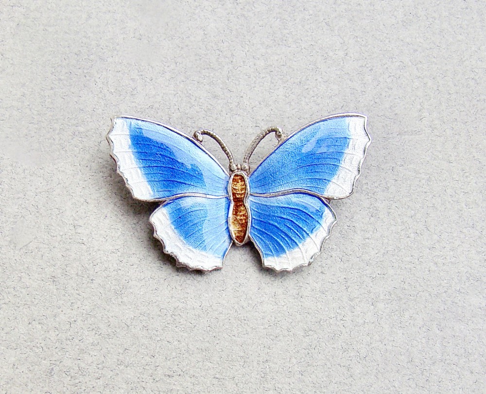 DELIGHTFUL SCANDINAVIAN STERLING SILVER & GUILLOCHE ENAMEL BUTTERFLY BROOCH, CIRCA 1930