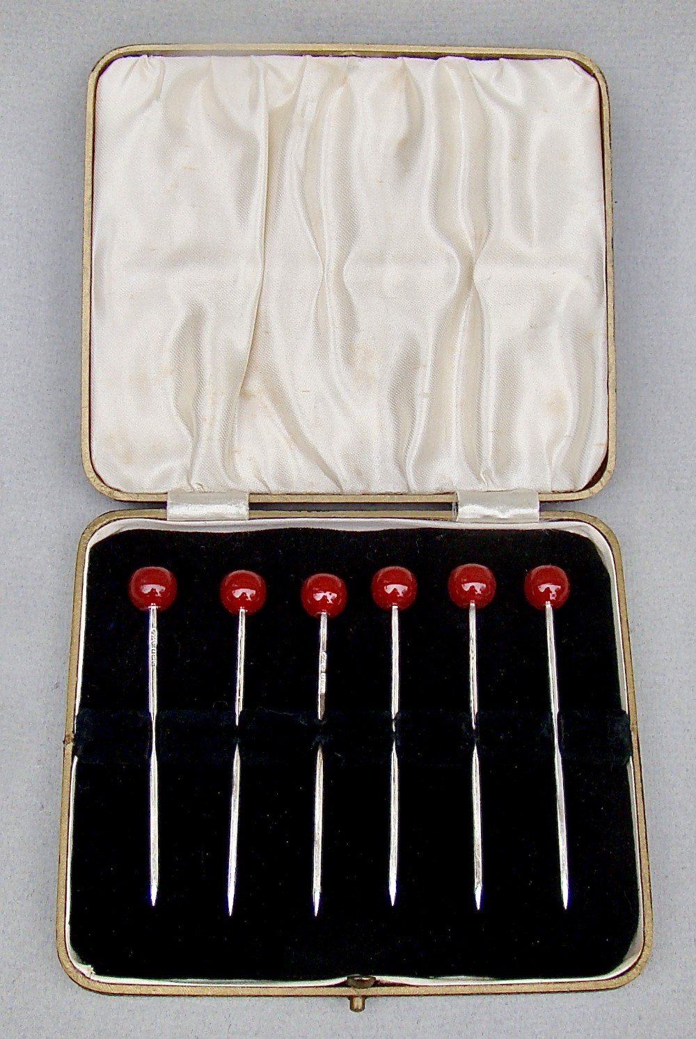 CASED SET OF ART DECO STERLING SILVER COCKTAIL CHERRY STICKS BY THE ADIE BROTHERS, BIRMINGHAM 1927