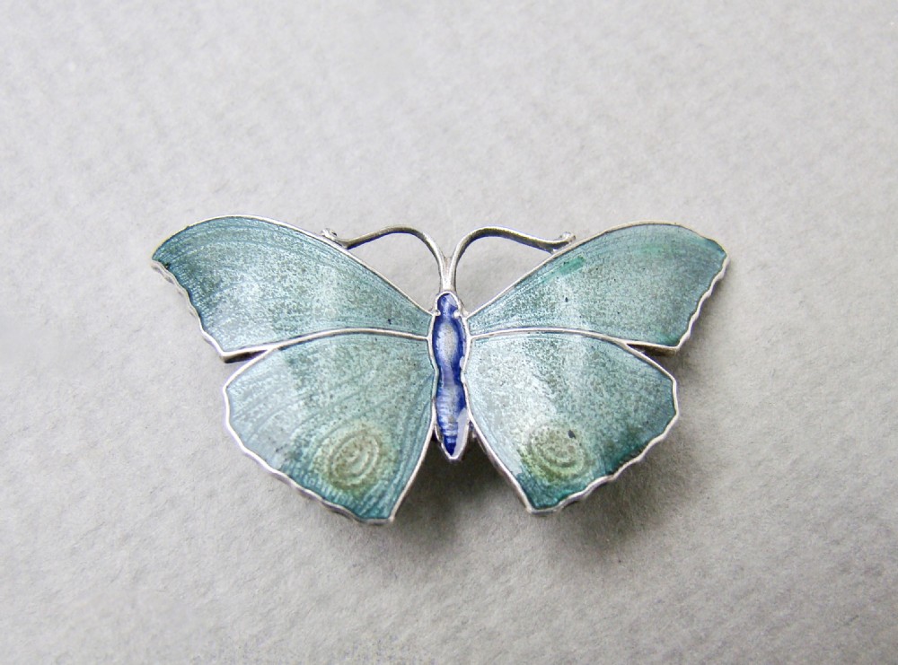 EXQUISITE ART DECO SILVER & CELADON GREEN ENAMEL BUTTERFLY BROOCH BY JOHN ATKINS, CIRCA 1930