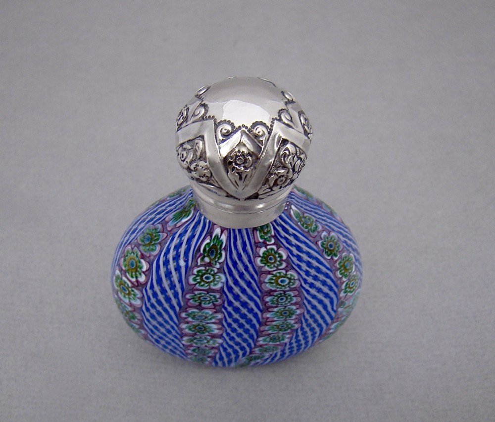 RARE VICTORIAN SILVER MOUNTED MILLEFIORI GLASS SCENT BOTTLE BY GRINSELL& SONS, BIRMINGHAM 1900  View VIII