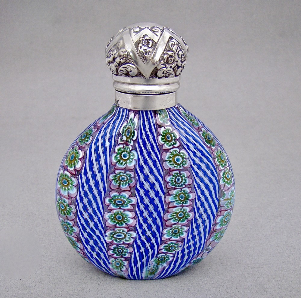 RARE VICTORIAN SILVER MOUNTED MILLEFIORI GLASS SCENT BOTTLE BY GRINSELL& SONS, BIRMINGHAM 1900 