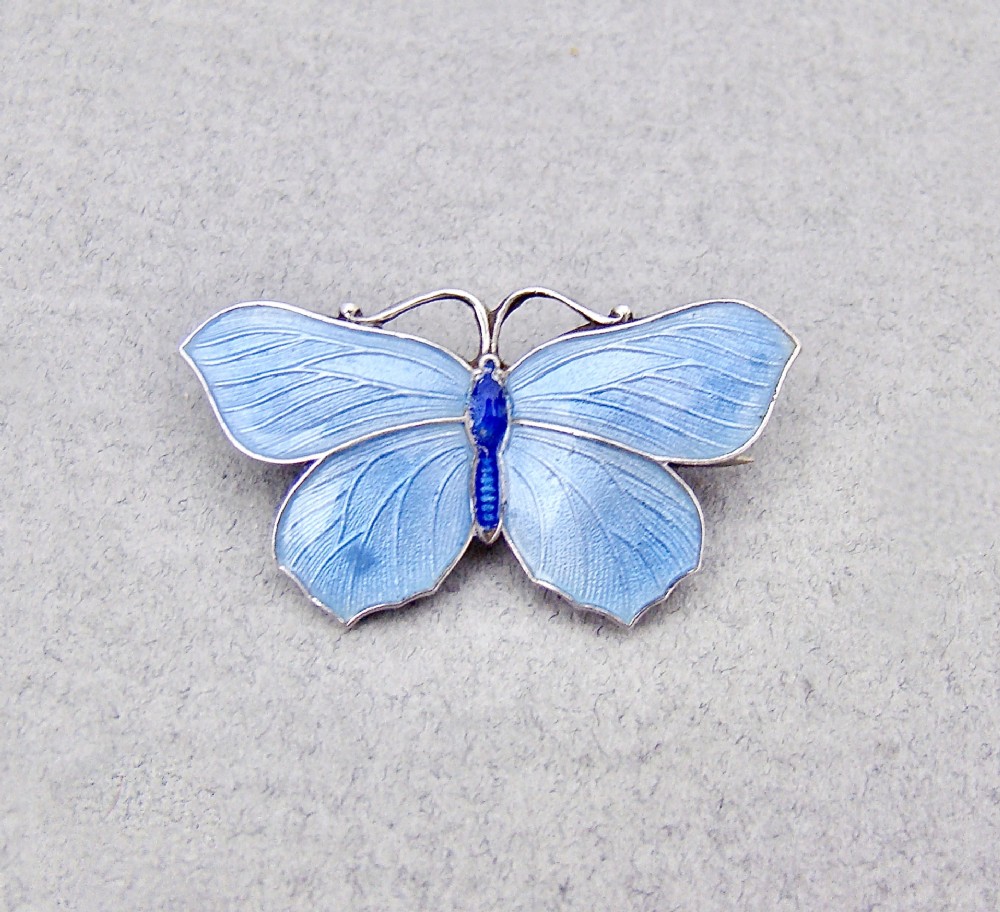SMALL & EXQUISITE ART DECO SILVER & ENAMEL BUTTERFLY BROOCH BY JOHN ATKINS, CIRCA 1930