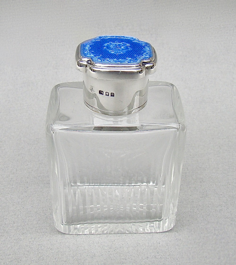 ART DECO SILVER & GUILLOCHE ENAMEL SCENT BOTTLE BY RICHARD COMYNS, LONDON 1931