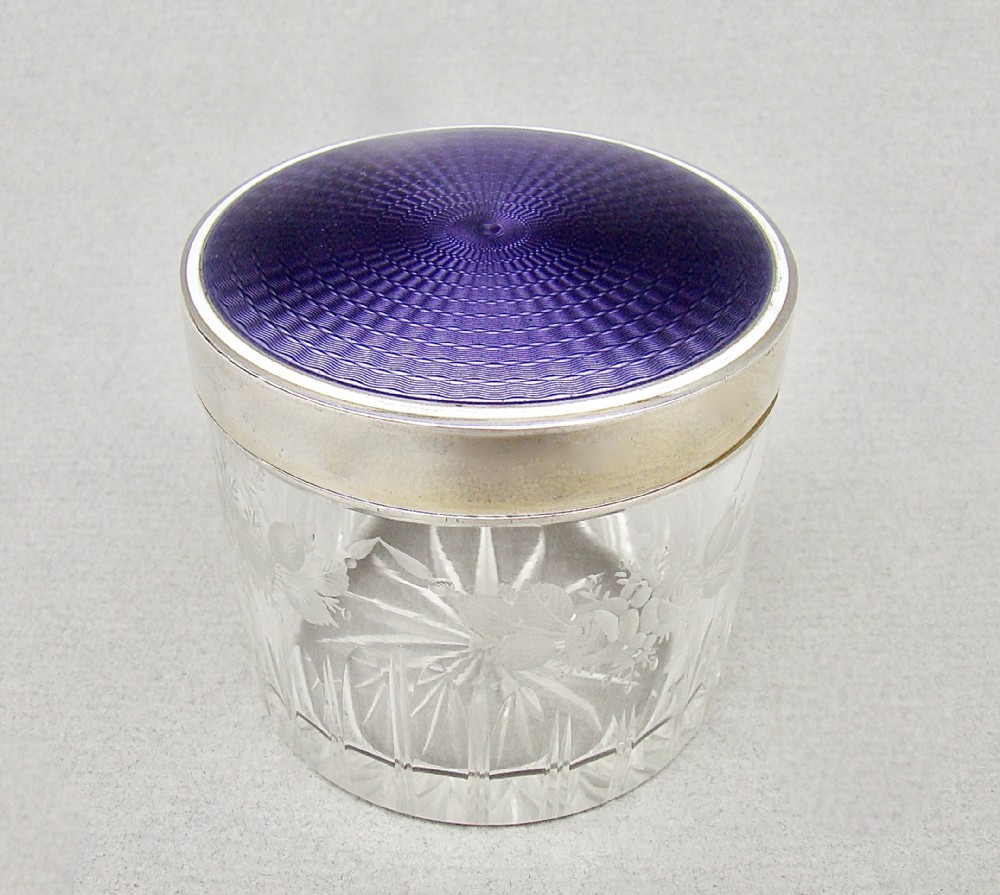 FABULOUS FRENCH STERLING SILVER & GUILLOCHE ENAMEL DRESSING TABLE JAR, CIRCA 1910
