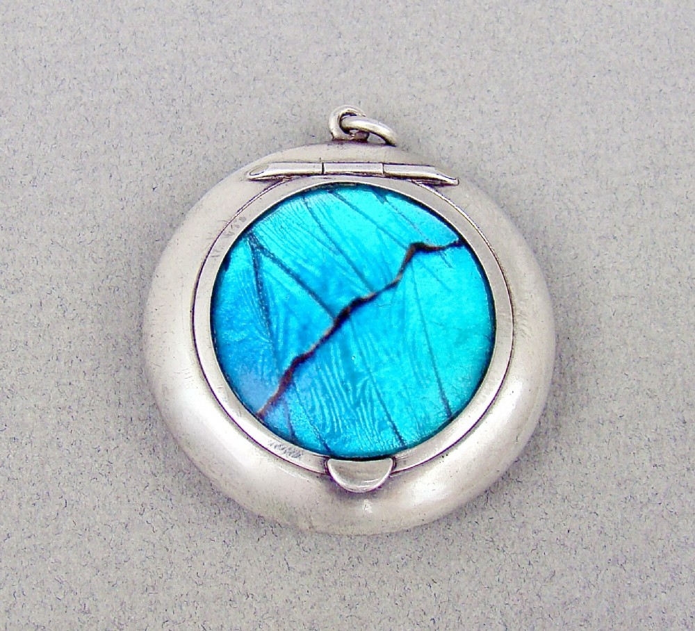 RARE SILVER AND MORPHO BUTTERFLY WING CHATELAINE COMPACT BY LEVI & SALAMAN, BIRMINGHAM 1920