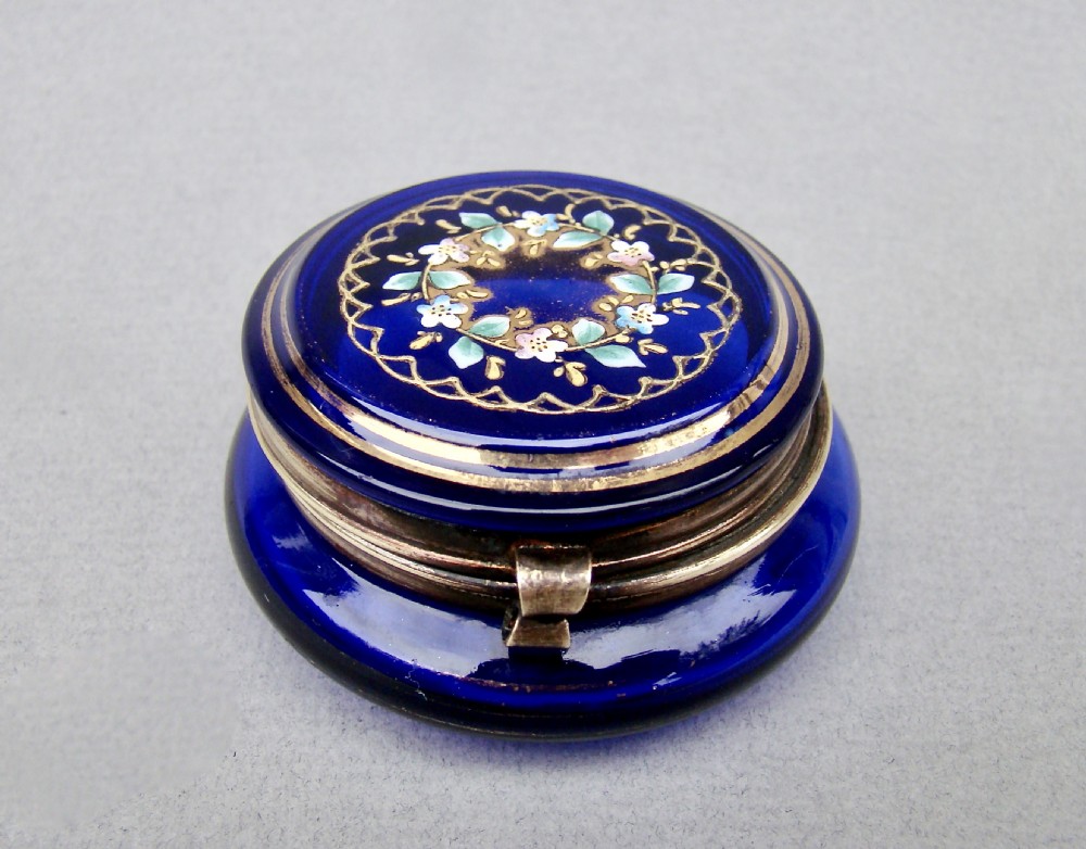 19TH CENTURY FRENCH ENAMELLED BRISTOL BLUE GLASS TRINKET BOX, CIRCA 1890