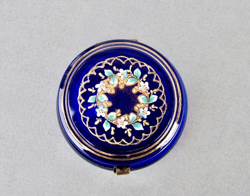 19TH CENTURY FRENCH ENAMELLED BRISTOL BLUE GLASS TRINKET BOX, CIRCA 1890 View II