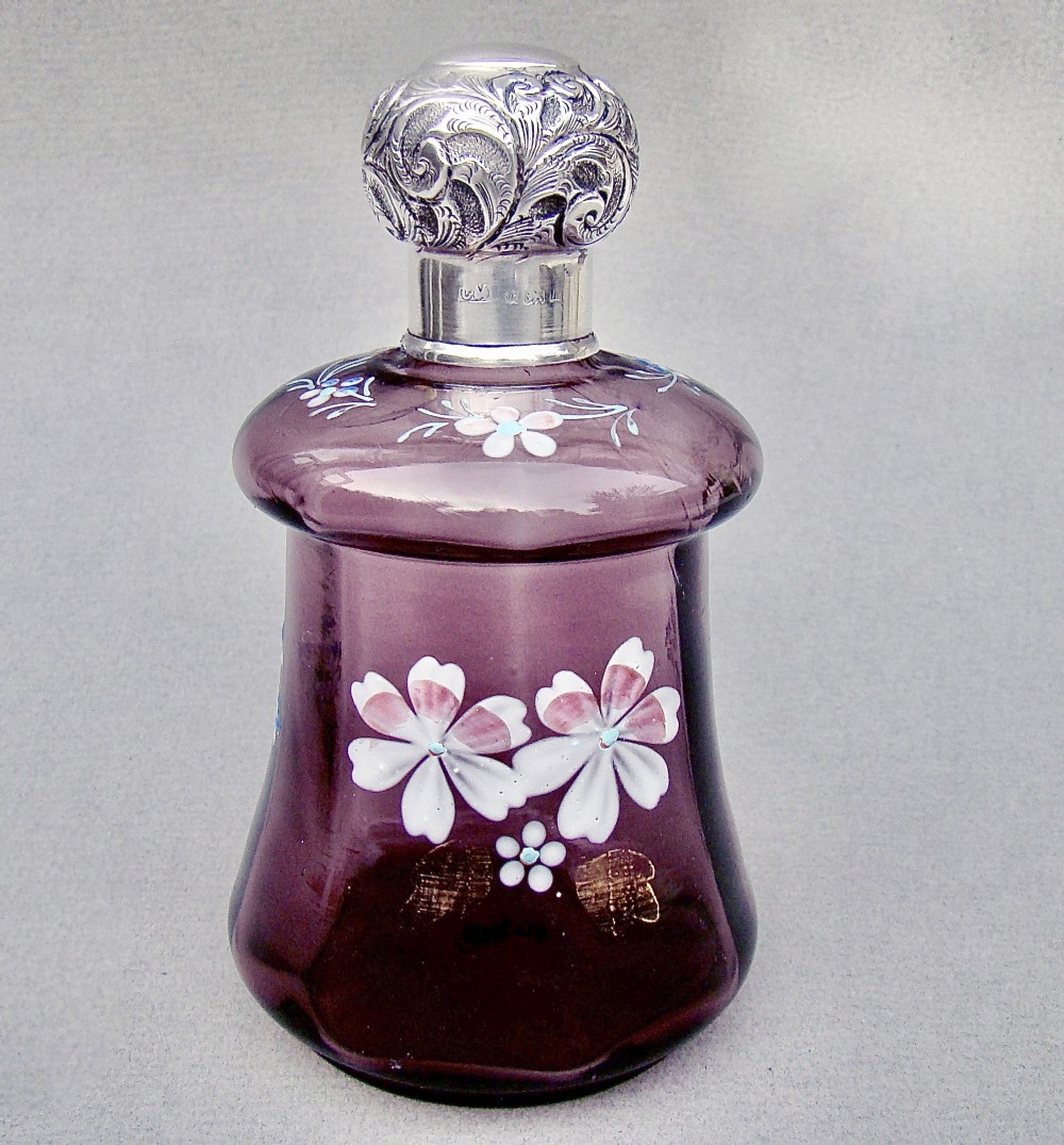 EXQUISITE SILVER & AMETHYST ENAMELLED GLASS SCENT BOTTLE BY CHARLES MAY, BIRMINGHAM 1910
