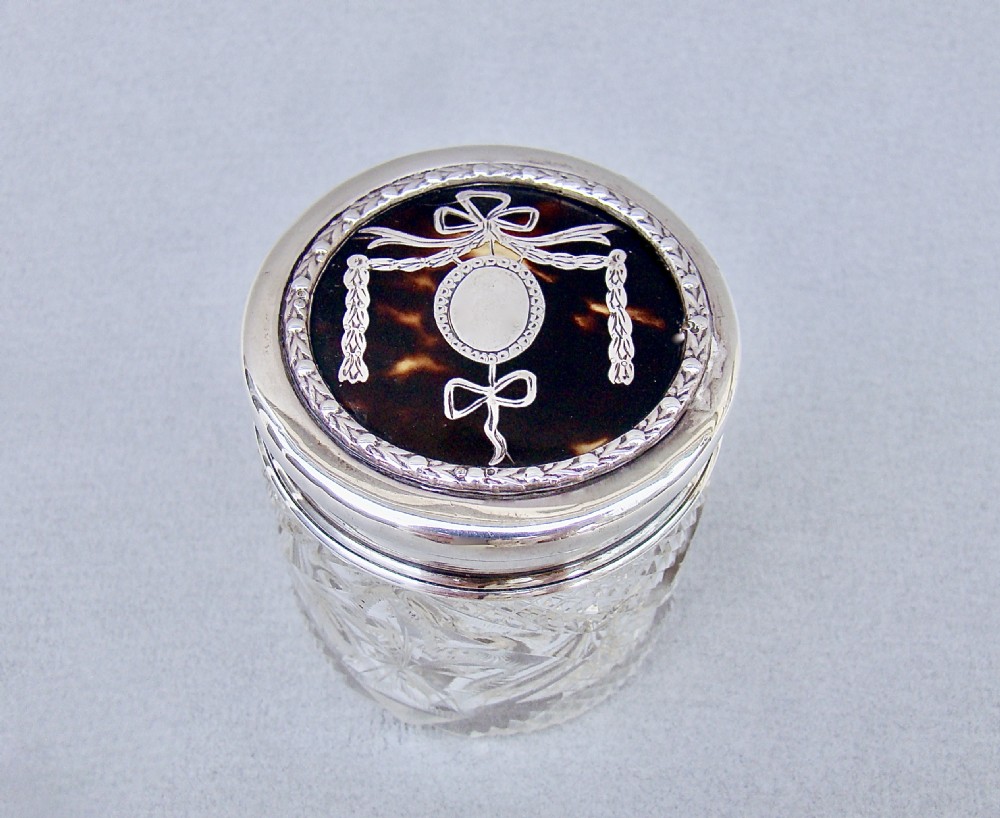 EXQUISITE EDWARDIAN SILVER & TORTOISESHELL CUT GLASS VANITY JAR BY R.COMYNS, LONDON 1909
