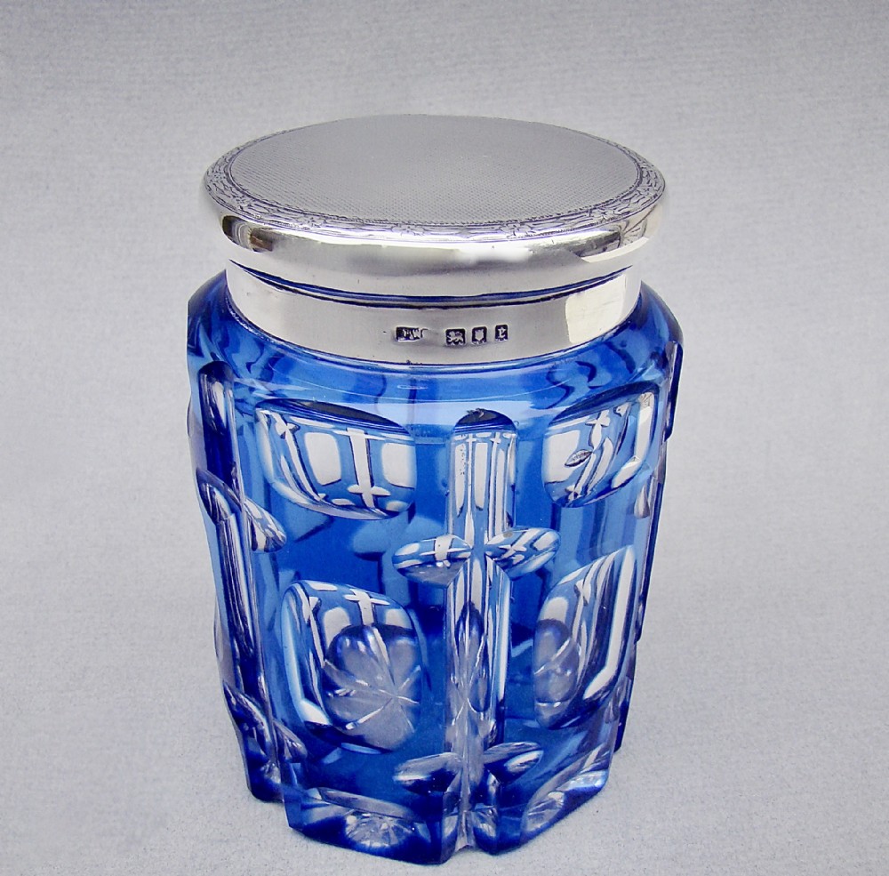 STUNNING SILVER MOUNTED LARGE BOHEMIAN BRISTOL BLUE GLASS DRESSING TABLE JAR BY MAPPIN & WEBB, LONDON 1920