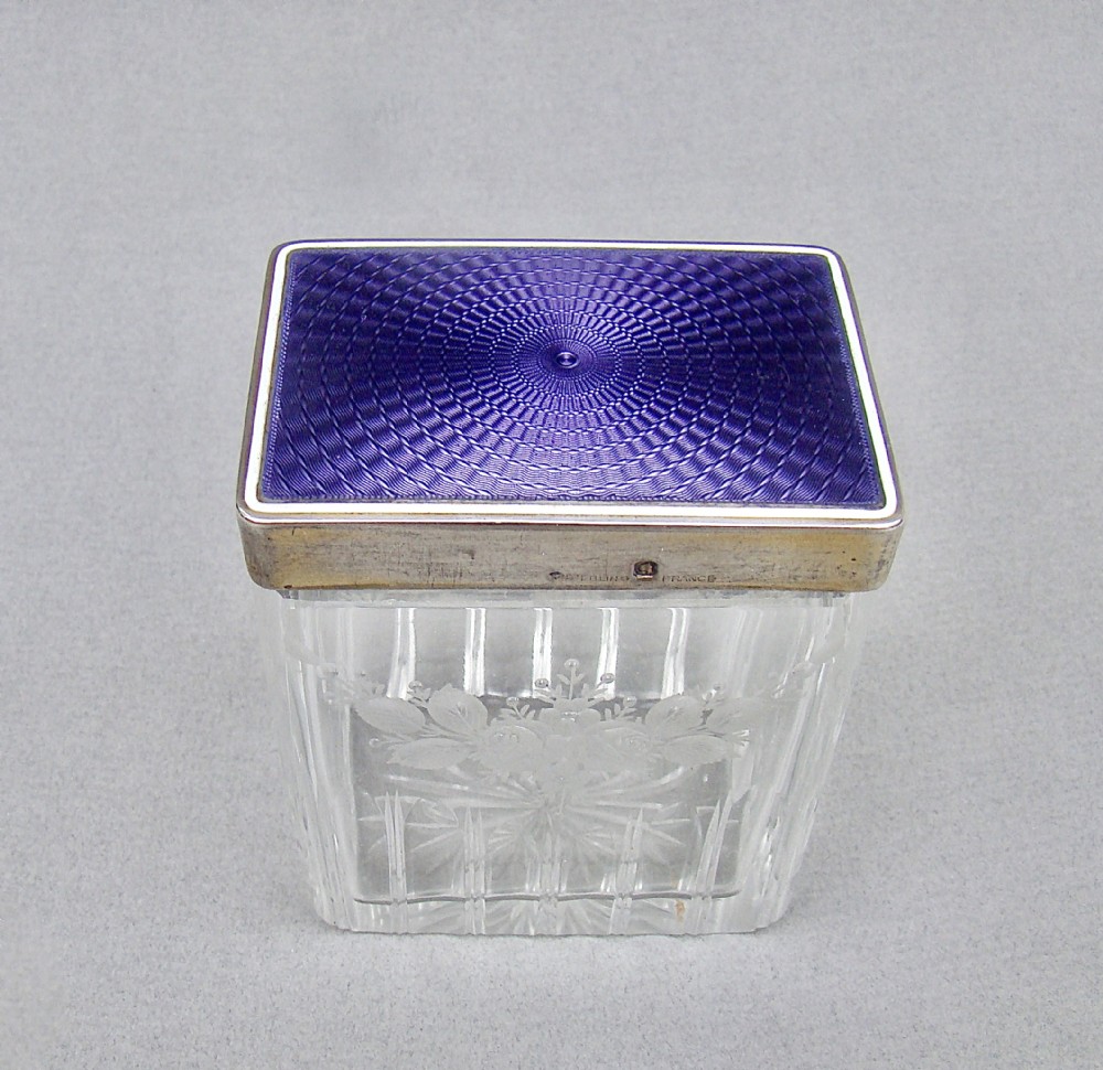 SUPERB FRENCH STERLING SILVER & GUILLOCHE ENAMEL DRESSING TABLE JAR, CIRCA 1910